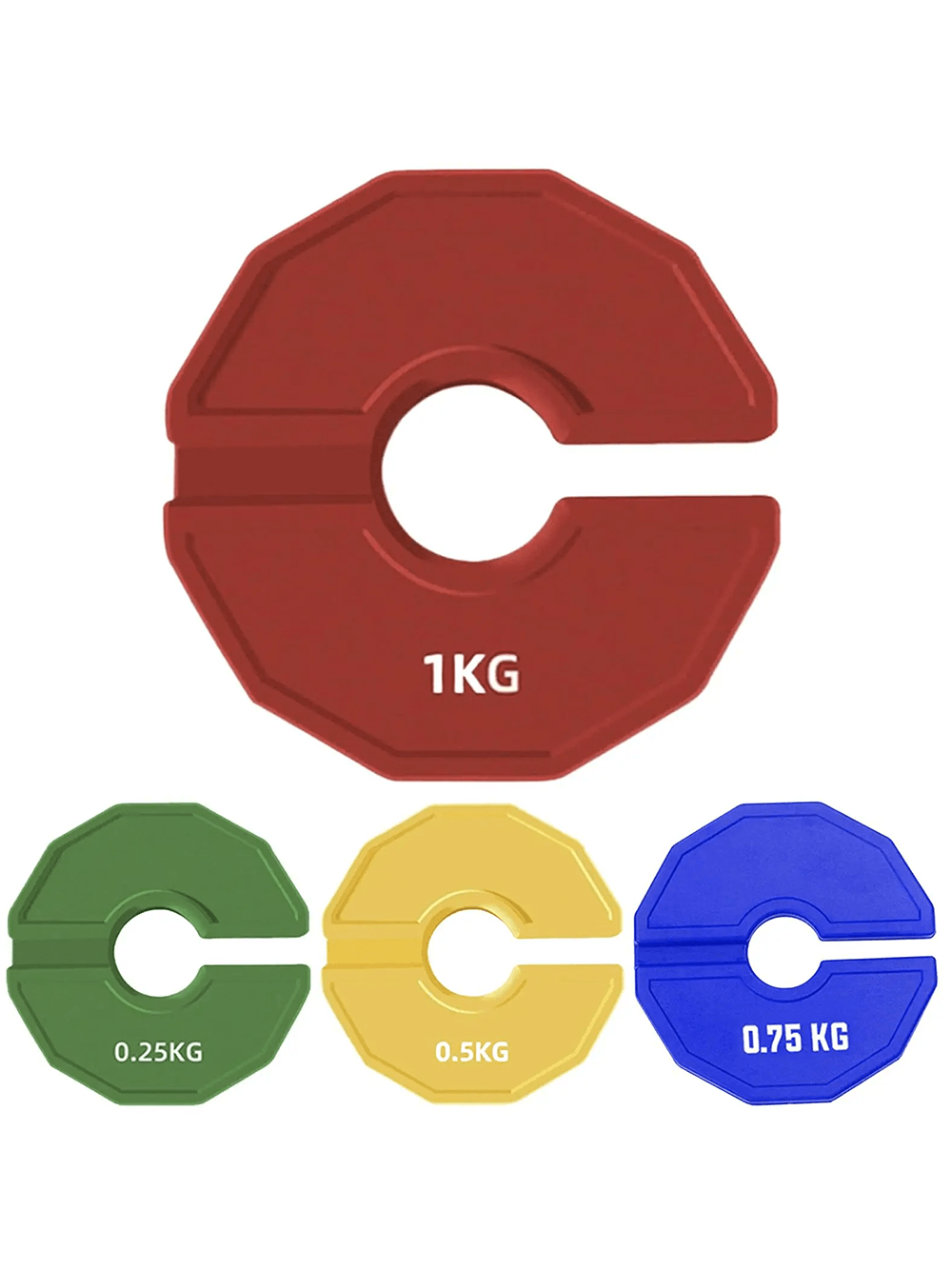Color-coded rubber weight plates for barbell, featuring 0.25 kg, 0.5 kg, 0.75 kg, and 1 kg options for precise training adjustments.