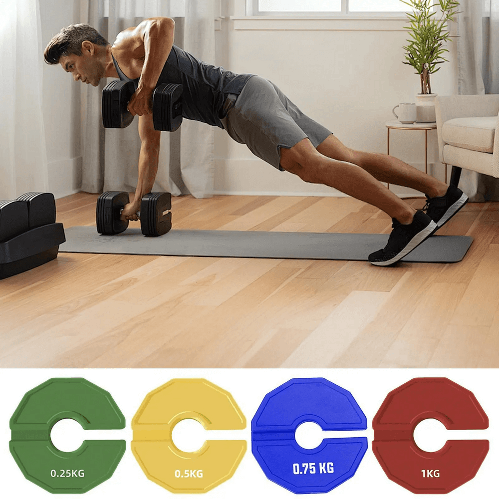 Man exercising with dumbbells at home with color-coded rubber weight plates (0.25 kg, 0.5 kg, 0.75 kg, 1 kg) for easy identification.