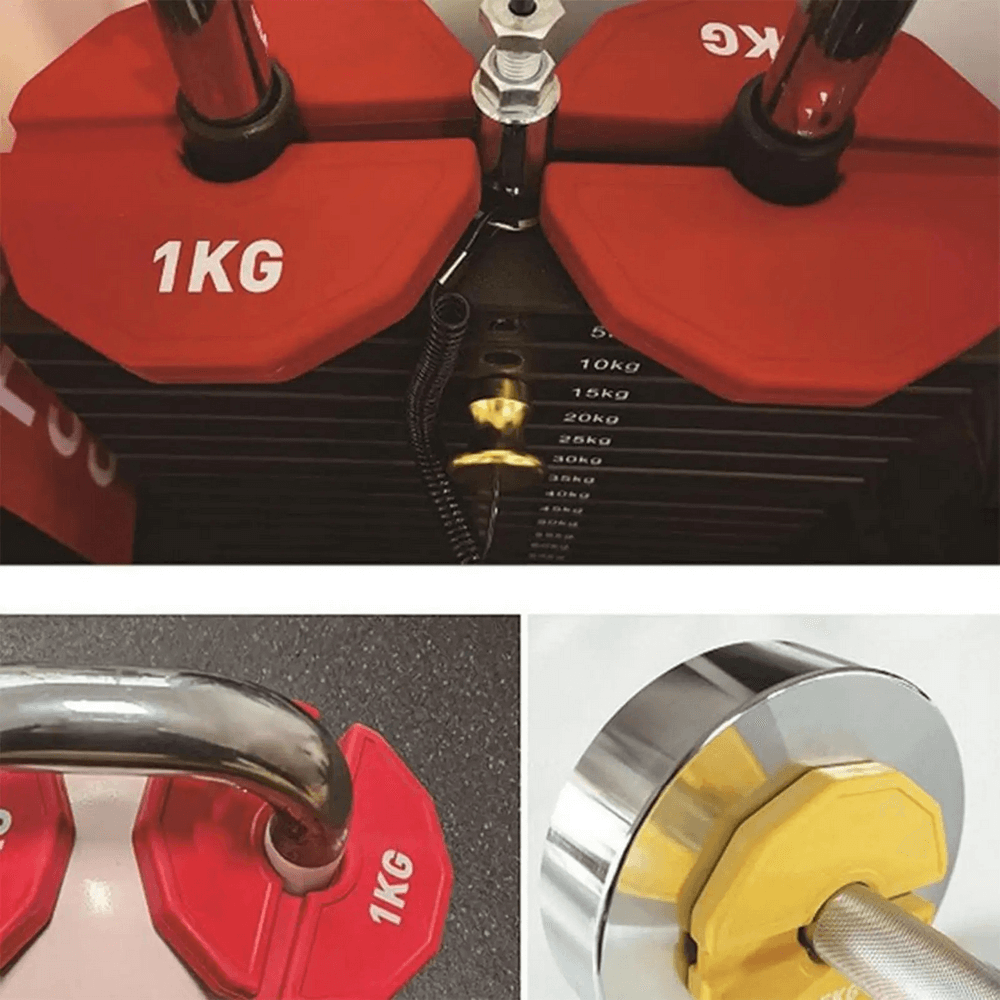 Color-coded rubber weight plates for barbell training, featuring 1kg plates with a secure grip, ideal for home gyms and precise lifting.