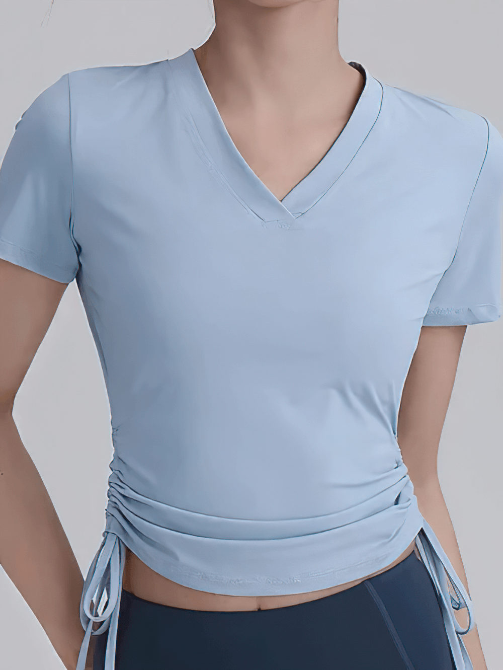 Alt Tag: Ruched Drawstring Side Yoga Short Sleeve T-Shirt - SF4380 light blue V-neck breathable ruched side tie longline yoga tee