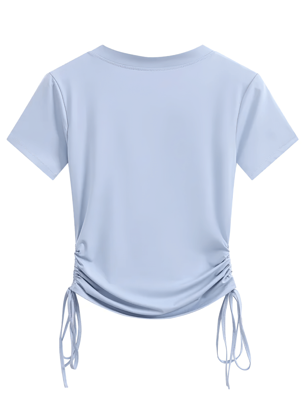 Alt Tag: Ruched Drawstring Side Yoga Short Sleeve T-Shirt - SF4380 back view, light blue breathable V-neck tee with ruched side ties