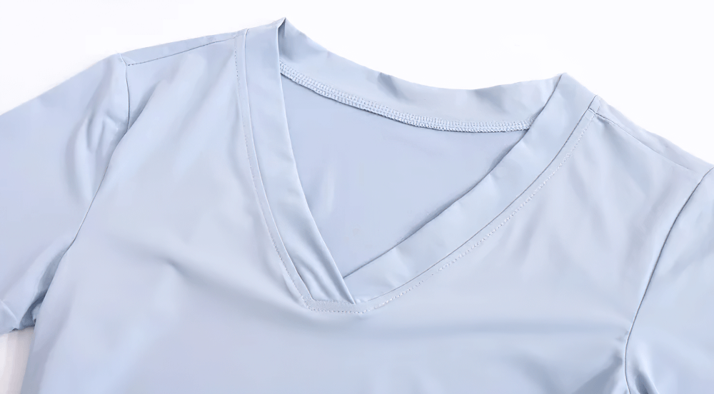 Alt Tag: Ruched Drawstring Side Yoga Short Sleeve T-Shirt - SF4380 light blue V-neck breathable yoga tee close-up