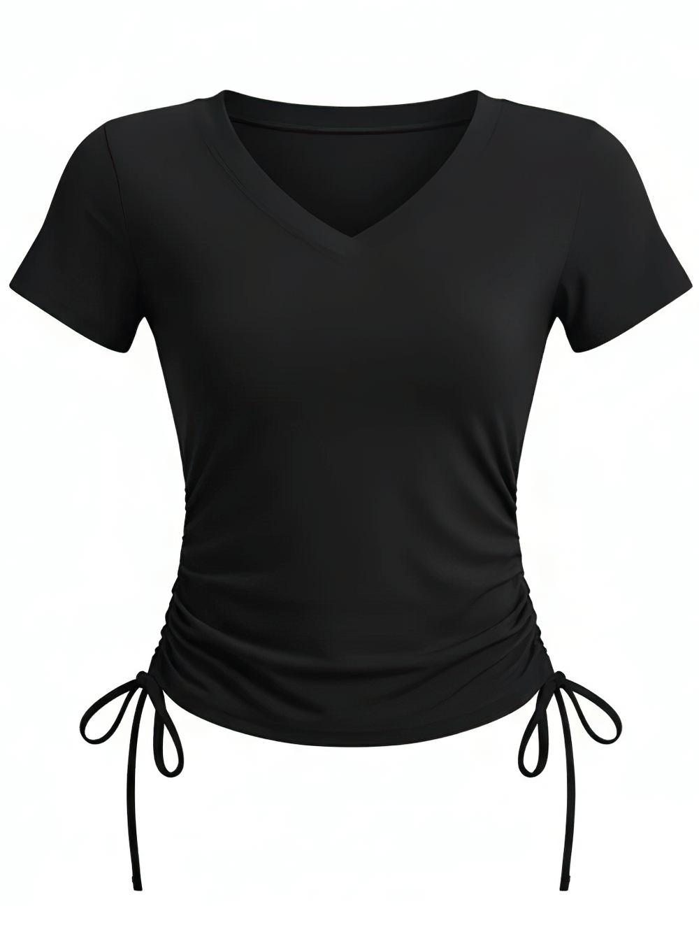 Alt Tag: Ruched Drawstring Side Yoga Short Sleeve T-Shirt - SF4380 black V-neck yoga tee with ruched side drawstrings and short sleeves