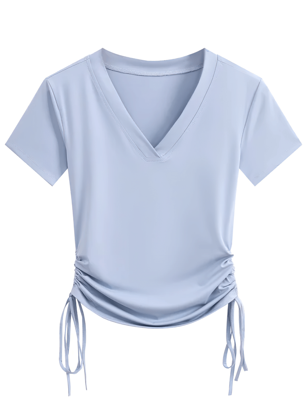 Alt Tag: Ruched Drawstring Side Yoga Short Sleeve T-Shirt - SF4380 light blue V-neck breathable yoga tee with ruched side ties