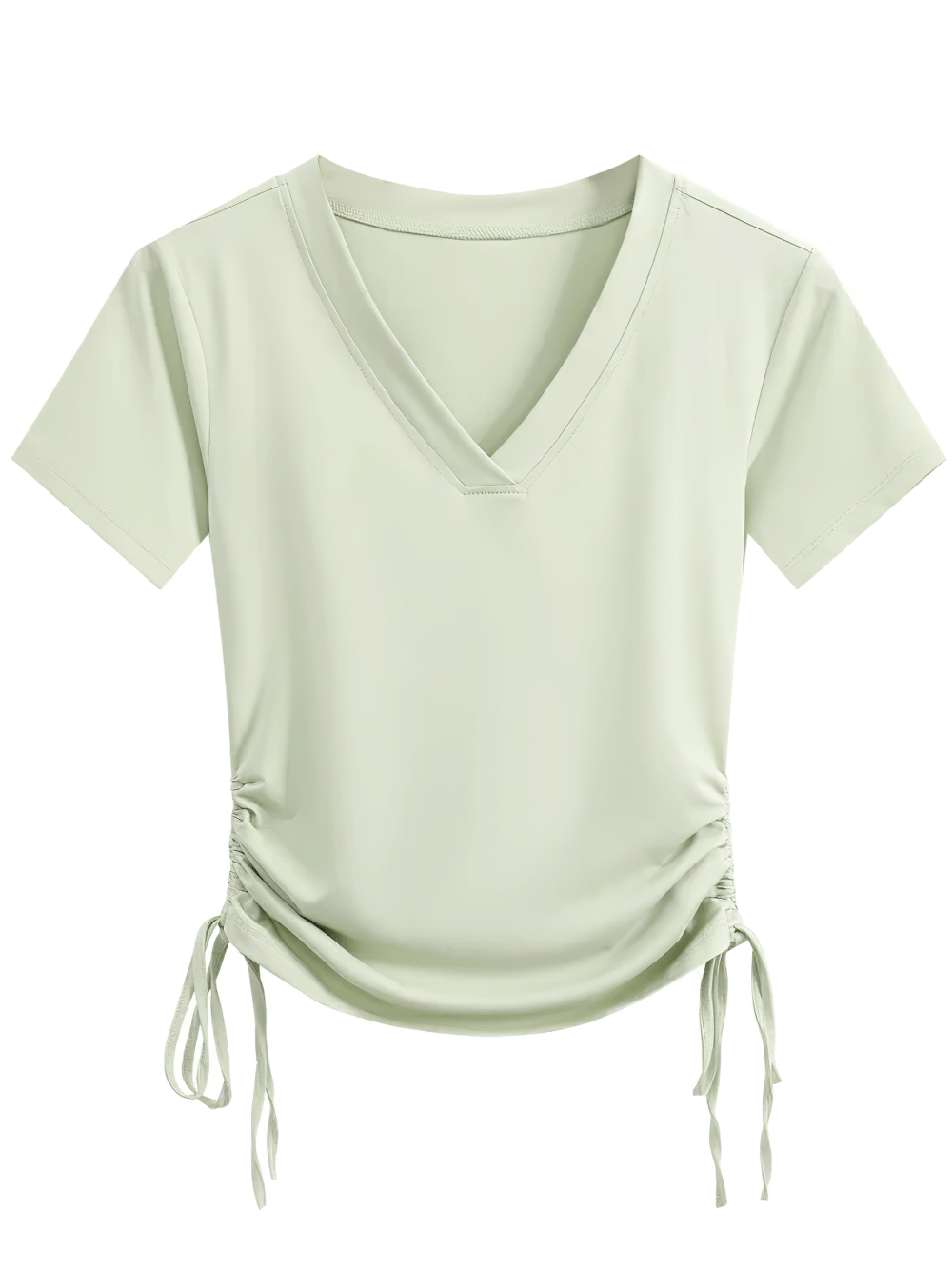 Alt Tag: Ruched Drawstring Side Yoga Short Sleeve T-Shirt - SF4380 V-neck ruched side tie breathable yoga tee, light sage green