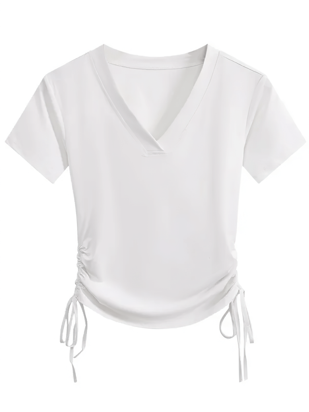 Alt Tag: Ruched Drawstring Side Yoga Short Sleeve T-Shirt - SF4380 white V-neck breathable yoga tee with ruched side ties