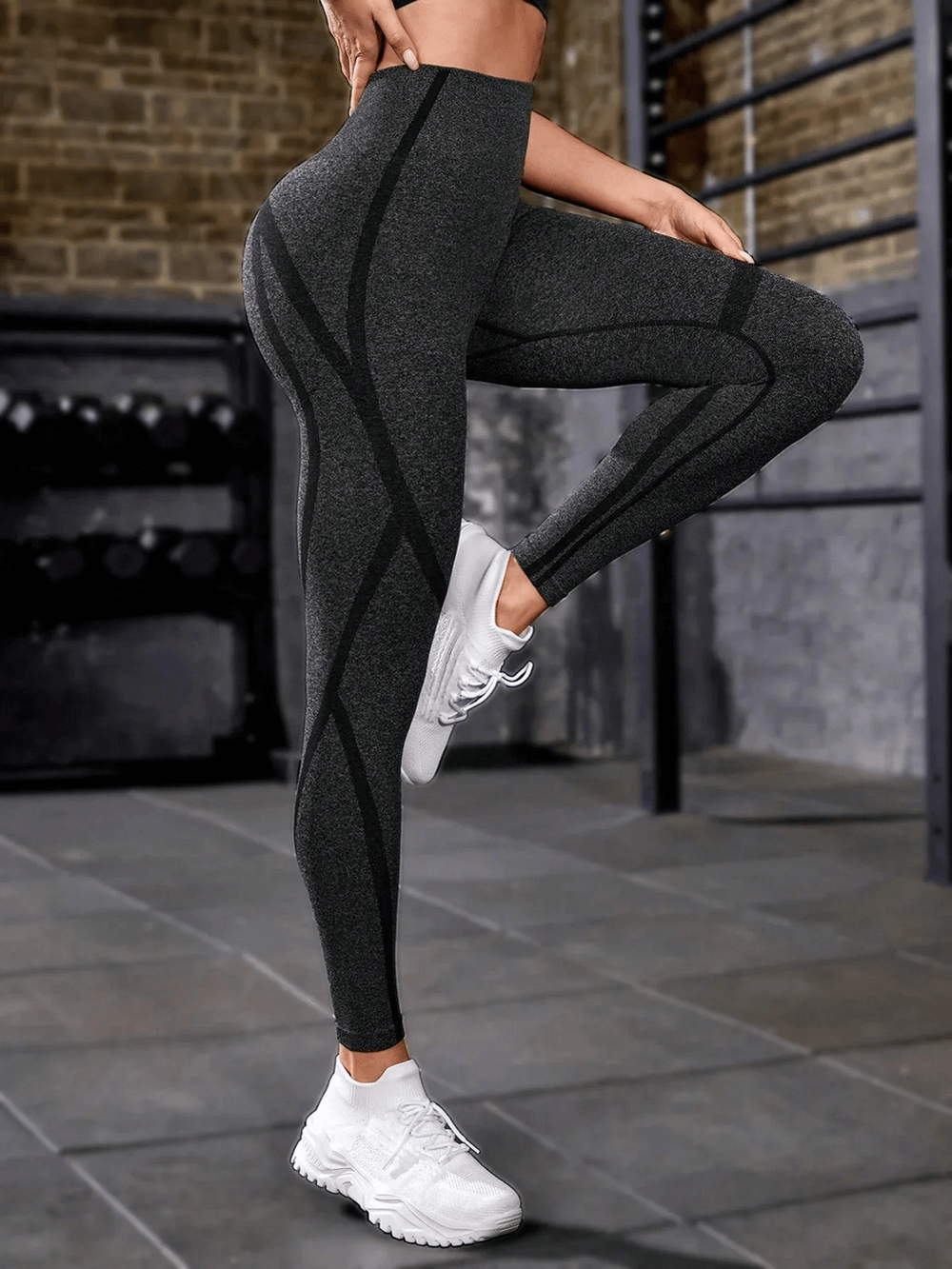 Woman wearing Running Workout Leggings with Sculpting Waist - SF4008 in gym setting, showcasing sleek design and comfort.
