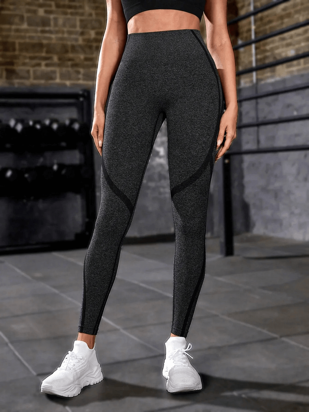 Woman wearing Running Workout Leggings with Sculpting Waist - SF4008; seamless dark heather gym tights enhancing shape; perfect for workouts.