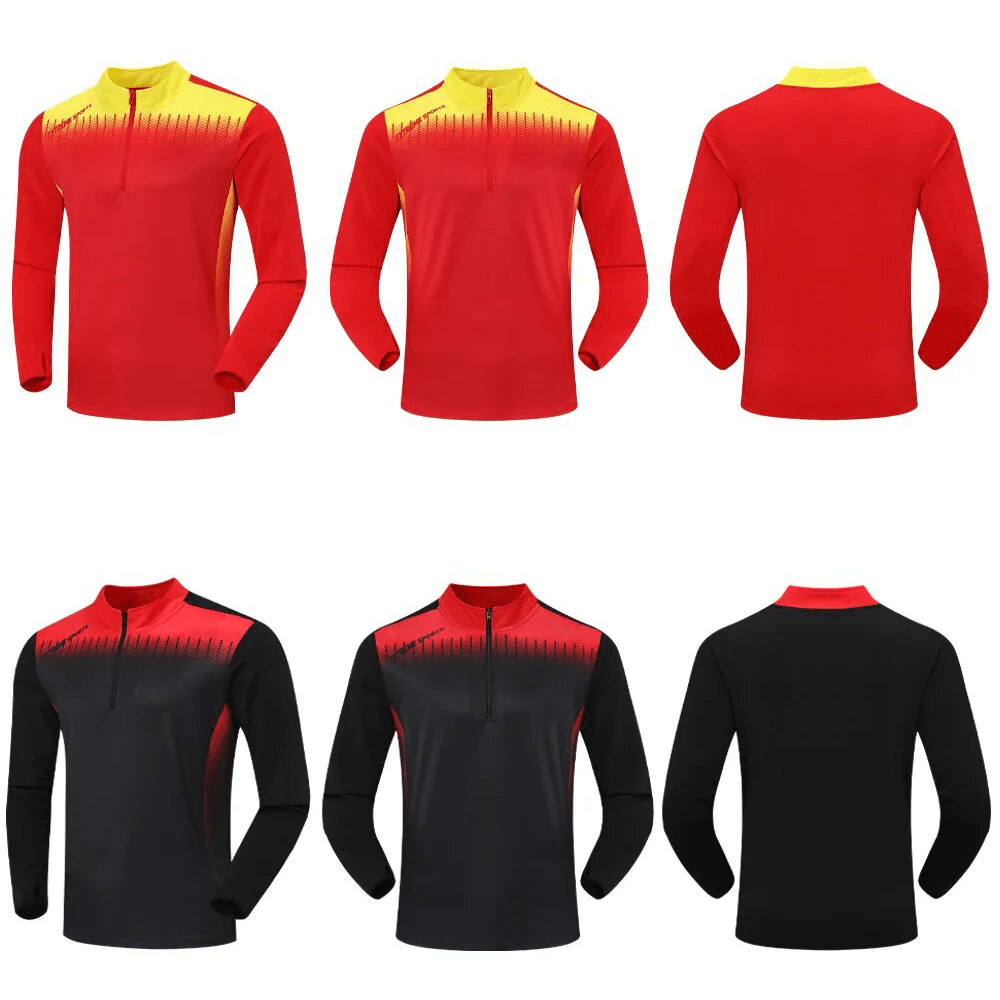 Red and black running tops with half zip and stand collar, featuring a breathable spandex fabric and finger holes for enhanced mobility.