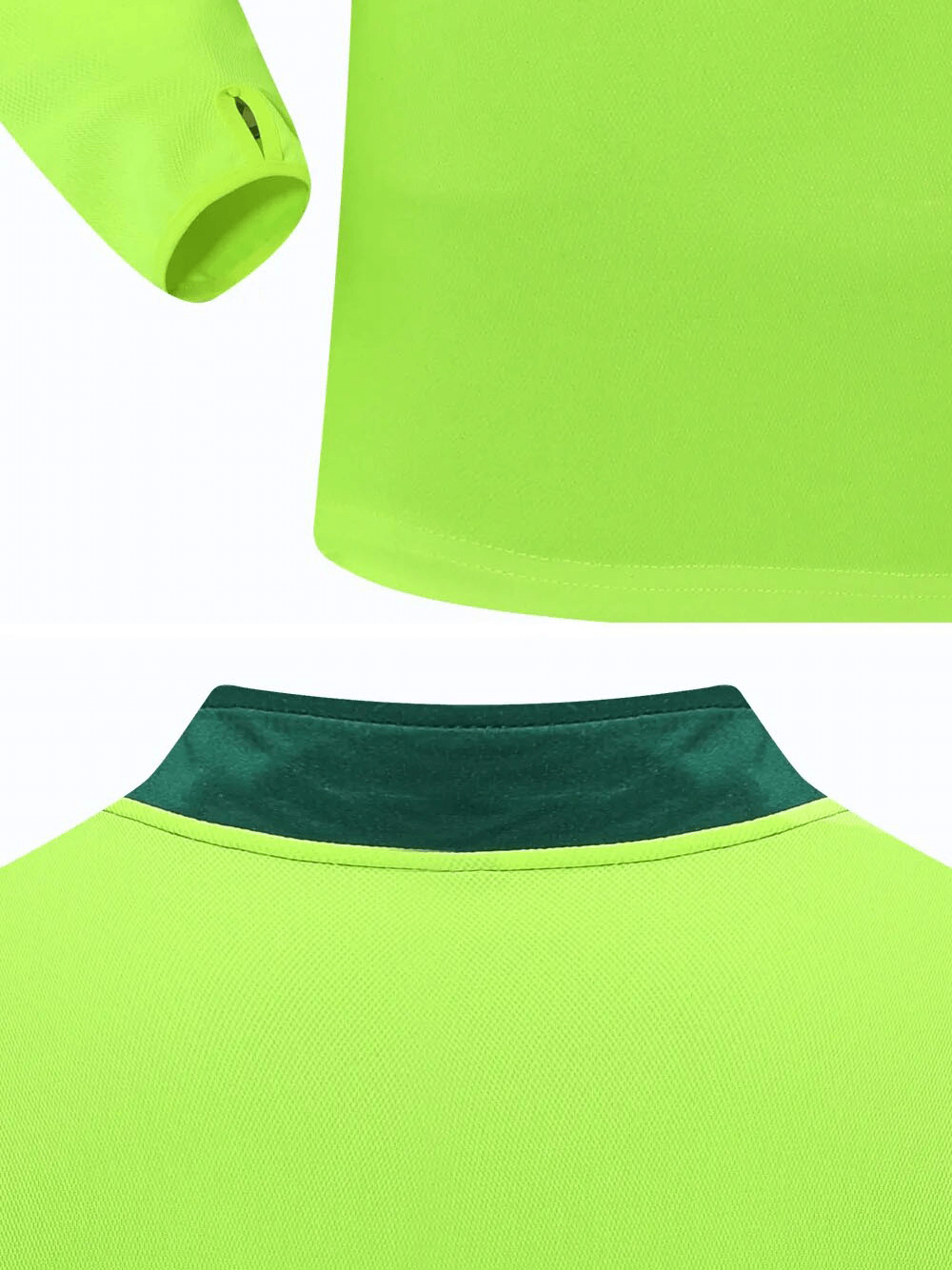 Close-up of the Running Half Zip Stand Collar Top with Finger Hole in vibrant green, featuring a sleek stand collar and finger hole detail.