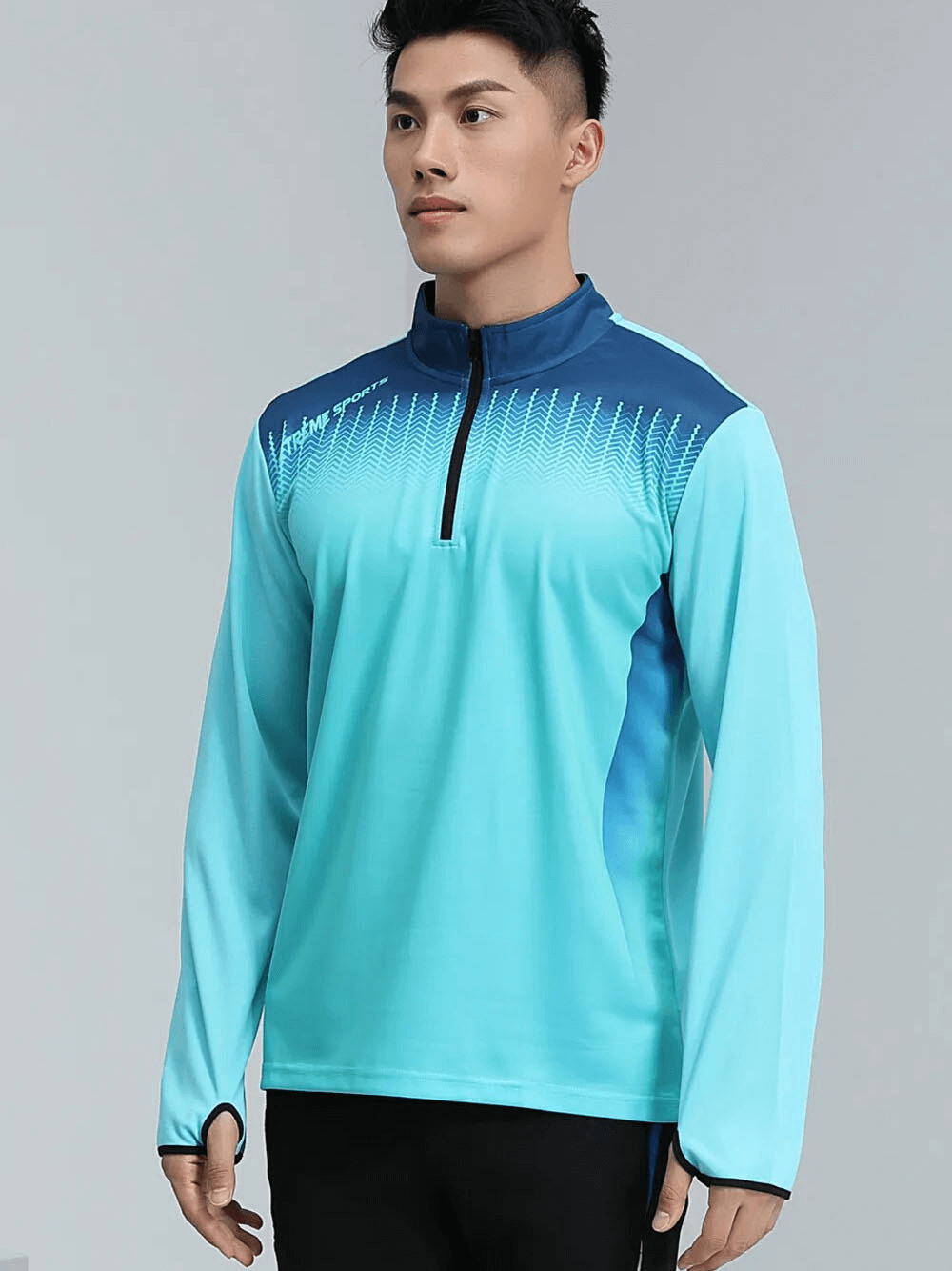 Man wearing blue Running Half Zip Stand Collar Top with Finger Hole, perfect for high-intensity activities like running. SF1558 design.
