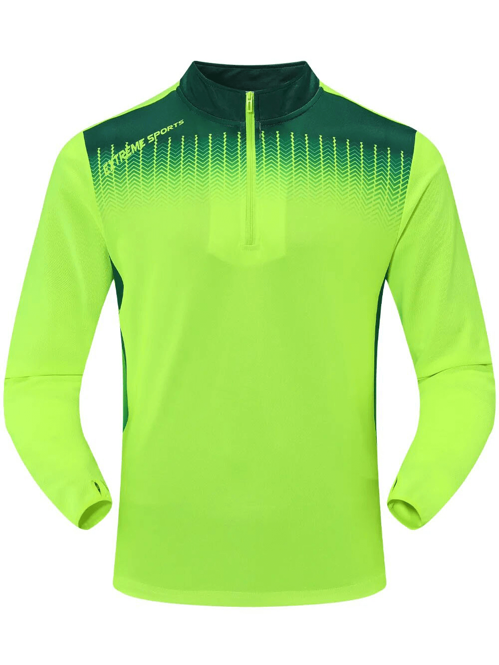 Vibrant green running half zip top with stand collar and finger holes, offering breathable comfort and mobility for high-intensity activities.