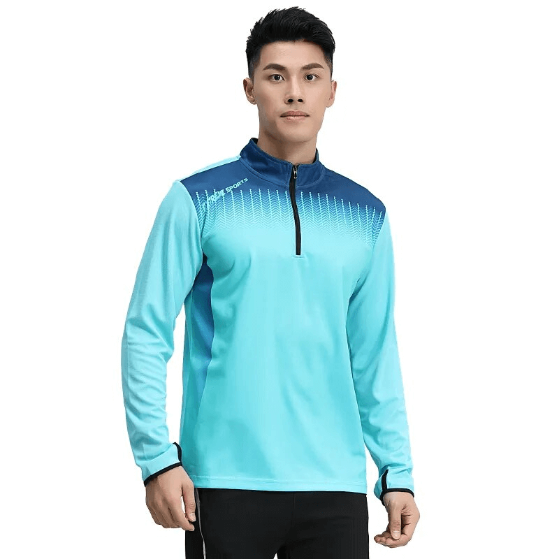 Men's blue running half zip stand collar top with finger hole, perfect for high-intensity activities, breathable spandex material. SF1558