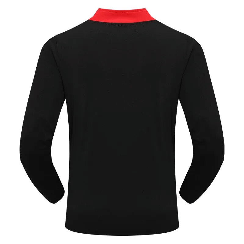 Back view of Running Half Zip Stand Collar Top SF1558 with red collar and thumbholes.