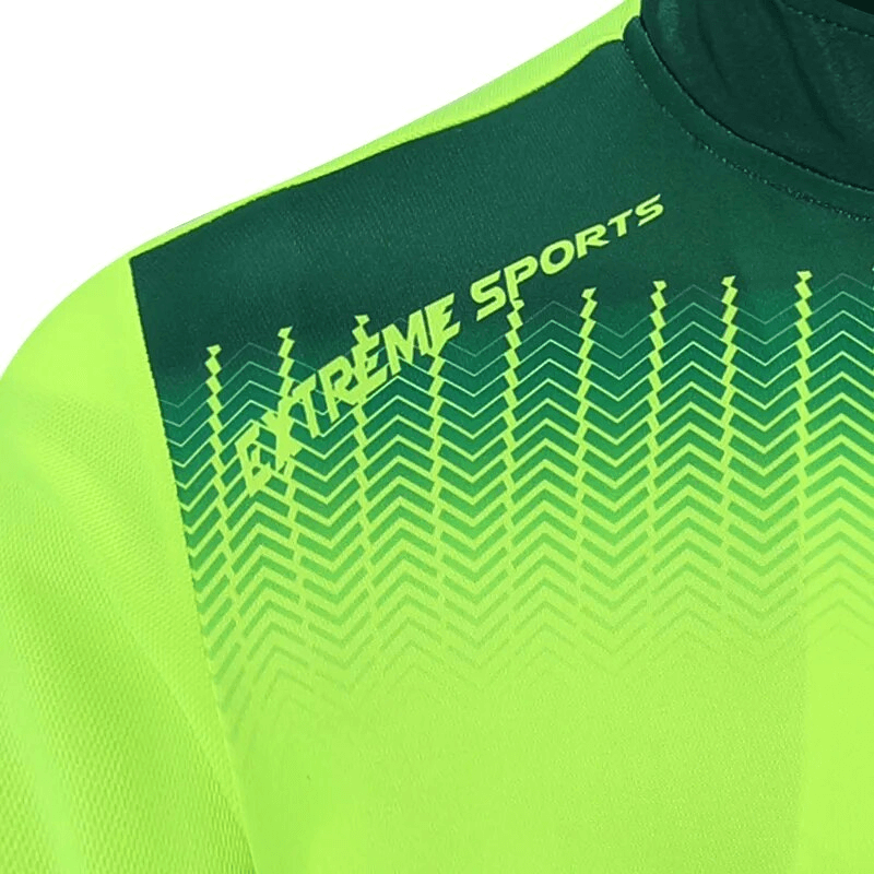 Bright green running top with half zip, stand collar, and "EXTREME SPORTS" logo, ideal for high-intensity activities. SF1558.