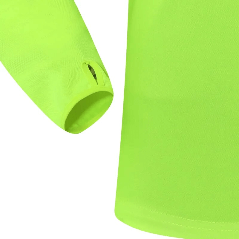 Bright green running top with half zip, stand collar, and finger hole for comfort and mobility. Ideal for athletic wear SF1558.