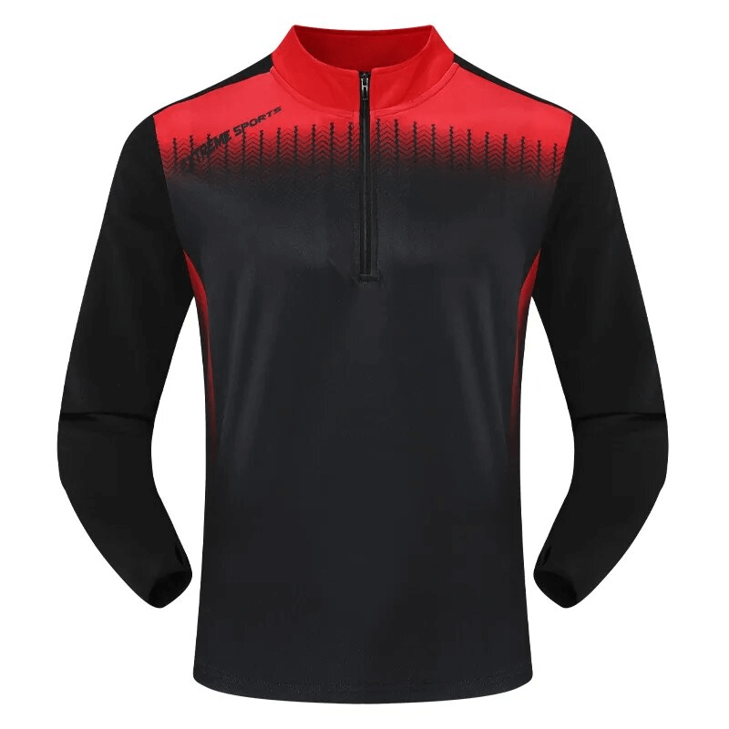 Running Half Zip Stand Collar Top SF1558 in black and red, featuring finger hole design for comfort and mobility.