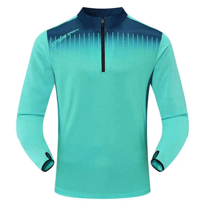 Running Half Zip Stand Collar Top SF1558 in turquoise with finger holes for comfort and mobility in high-intensity activities.