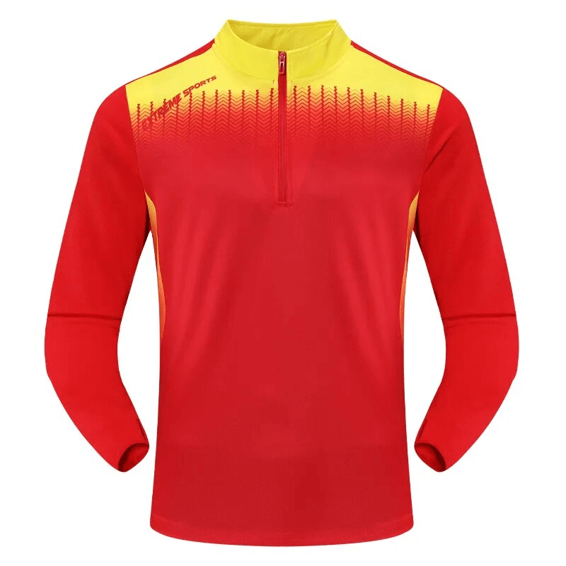 Red running half zip top with stand collar and finger holes, features breathable spandex for comfort and mobility. Model SF1558.