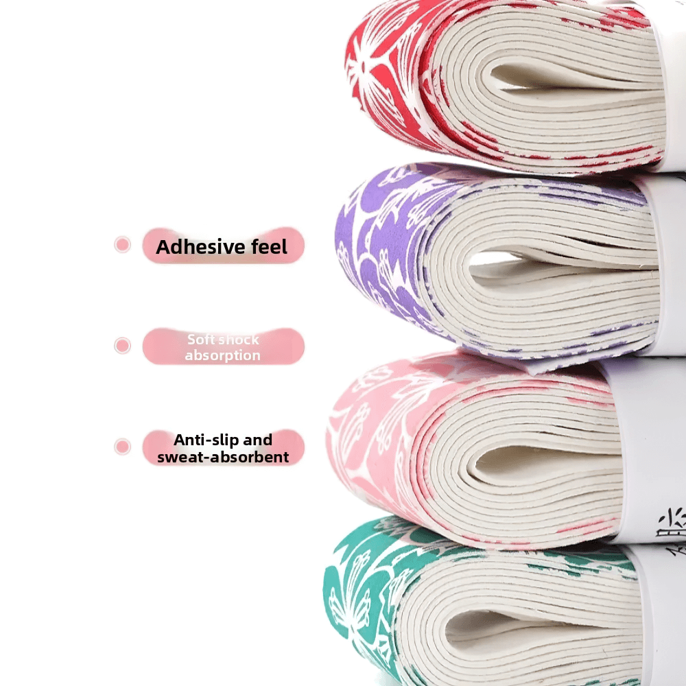 Colorful Sakura Print Non-Slip Badminton Grip Tape - SF3462 rolls displaying adhesive, shock absorption, and sweat-resistant features.