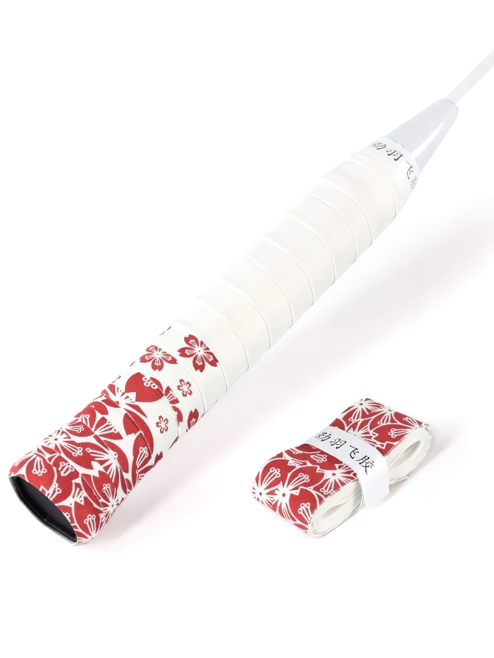 Sakura Print Non-Slip Badminton Grip Tape - SF3462 on racket handle, showcasing red floral design and enhanced grip for gameplay.