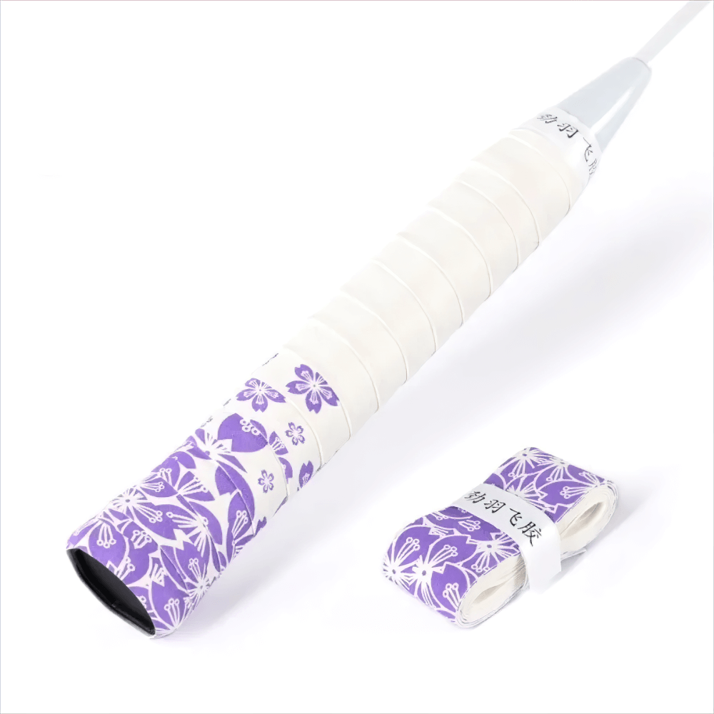 Sakura Print Non-Slip Badminton Grip Tape - SF3462 with purple floral design for superior racket control and style enhancement.