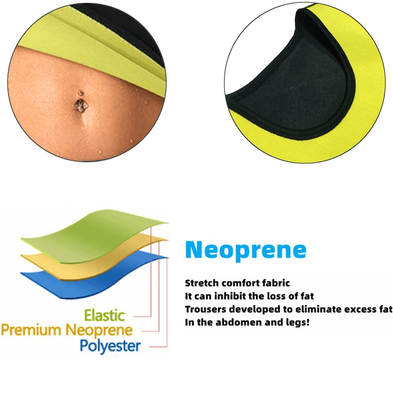 Close-up of Neoprene fabric details and description for Sauna Sweat Enhancing T-Shirt, highlighting stretch comfort and fat loss inhibition.