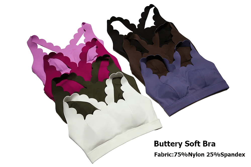 Colorful scallop-edge sports bras displayed, highlighting the wave neckline and crisscross back design. Fabric: 75% Nylon, 25% Spandex.