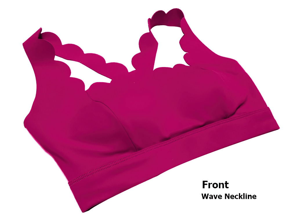 Scallop Crossback Sports Bra with Removable Pads - SF4000 in bright pink with wave neckline and scallop edges, front view.