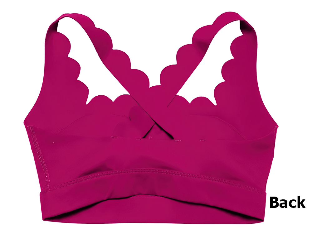 Back view of Scallop Crossback Sports Bra with Removable Pads - SF4000 in bright pink, featuring crisscross scalloped straps.