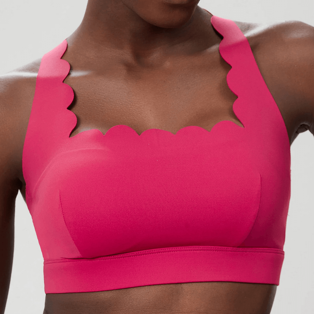 Scallop Crossback Sports Bra with Removable Pads - SF4000 in bright pink with scalloped edges and crisscross back design.
