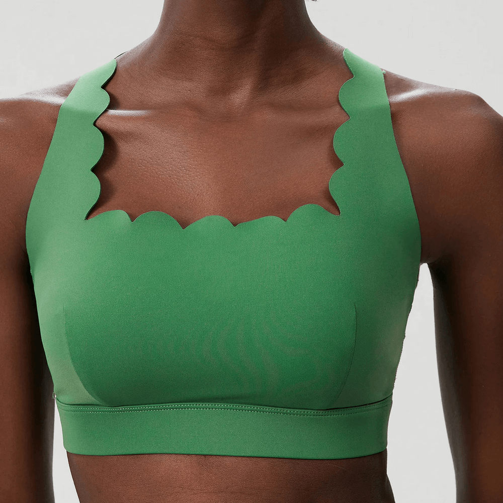 Green Scallop Crossback Sports Bra with Removable Pads - SF4000, wave neckline and crisscross straps perfect for yoga and workouts.