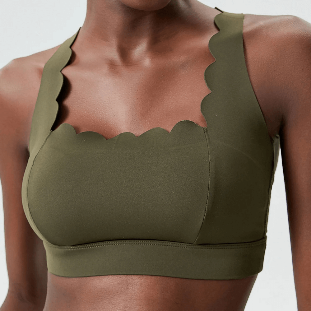 Scallop Crossback Sports Bra with Removable Pads - SF4000 featuring scallop-edge and crisscross back in olive green, ideal for workouts.