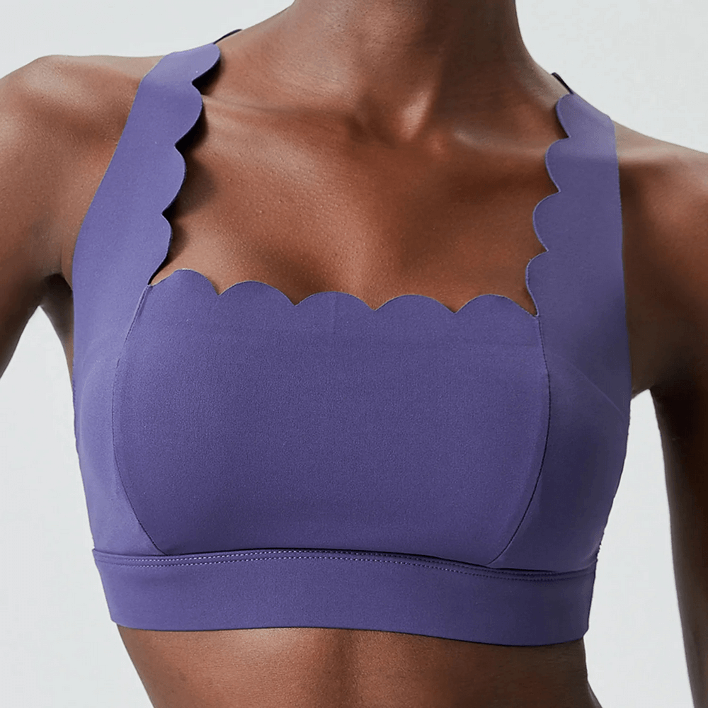 Scallop Crossback Sports Bra with Removable Pads - SF4000 in bright purple, featuring a wave neckline and scalloped edges.
