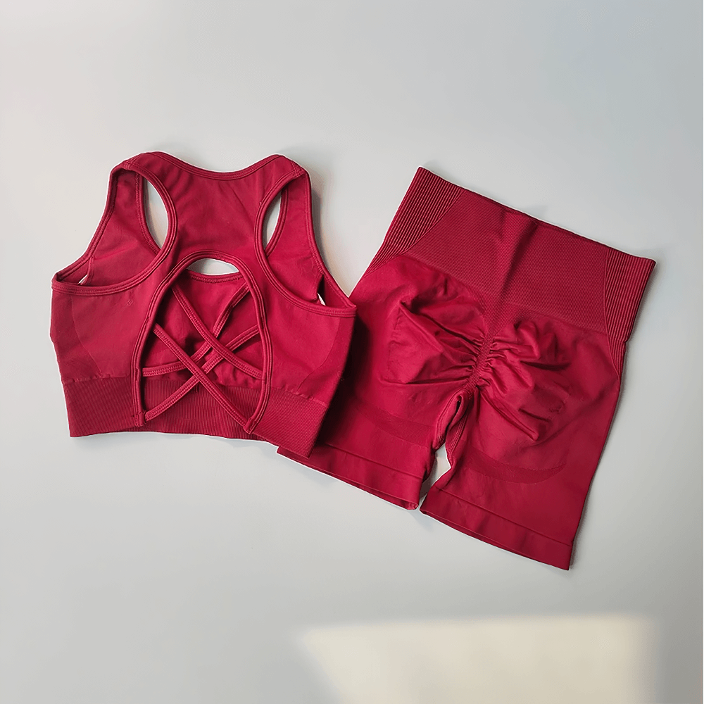 Alt Tag: Seamless 2-Piece Yoga Set of Sports Bra and Shorts - SF4370 red crisscross back sports bra with high-waist seamless shorts