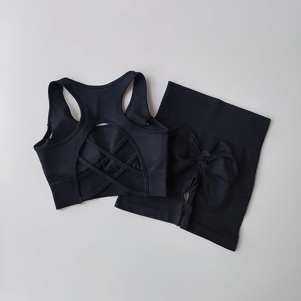 Alt Tag: Seamless 2-Piece Yoga Set of Sports Bra and Shorts - SF4370 black crisscross back sports bra with high-waist shorts