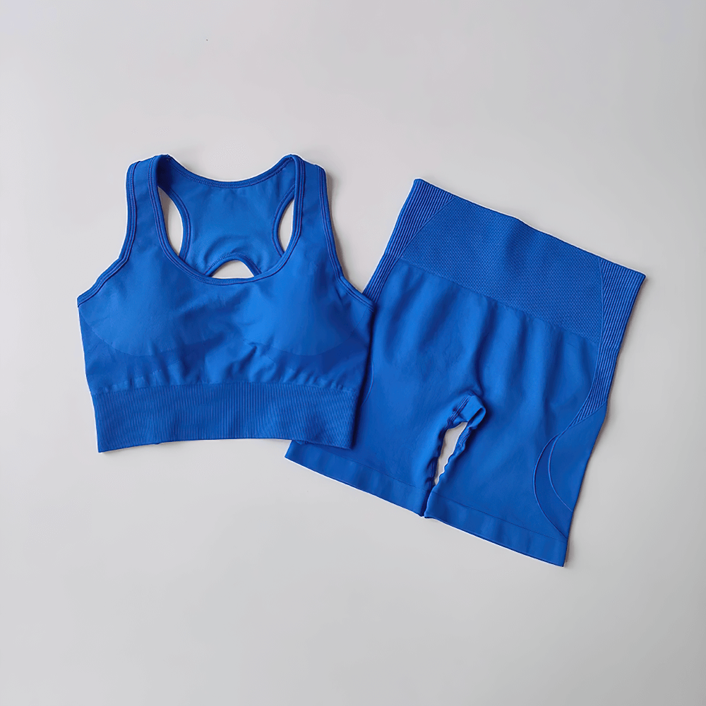 Alt Tag: Seamless 2-Piece Yoga Set of Sports Bra and Shorts - SF4370 blue racerback sports bra with high-waist seamless shorts, flat lay