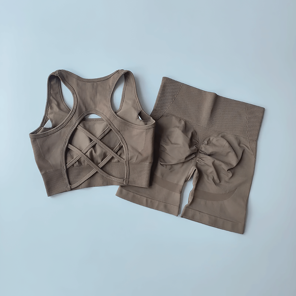 Seamless 2-Piece Yoga Set of Sports Bra and Shorts - SF4370 gray crisscross back sports bra with high-waist shorts flat lay