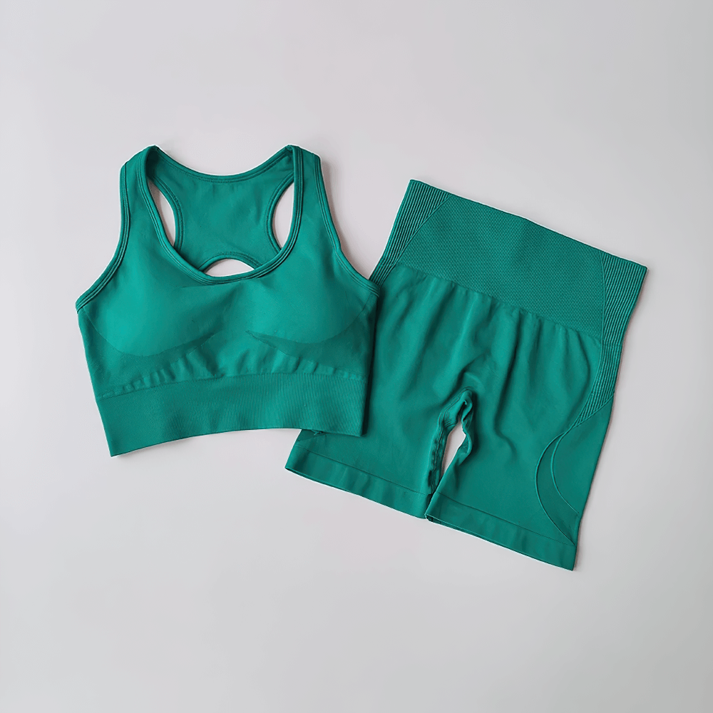 Seamless 2-Piece Yoga Set of Sports Bra and Shorts - SF4370 green racerback sports bra with high-waist shorts, seamless athleisure