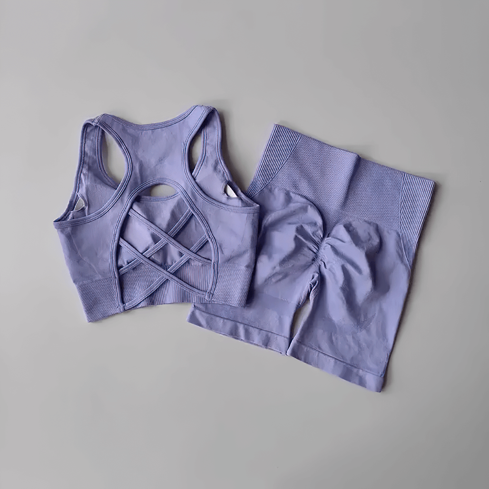 Alt Tag: Seamless 2-Piece Yoga Set of Sports Bra and Shorts - SF4370 purple crisscross back sports bra with high-waist shorts