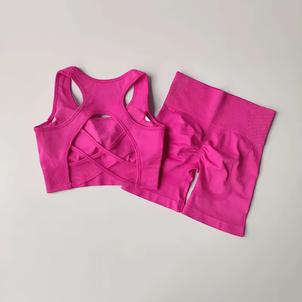 Alt Tag: Seamless 2-Piece Yoga Set of Sports Bra and Shorts - SF4370 pink crisscross back sports bra with high waist seamless shorts