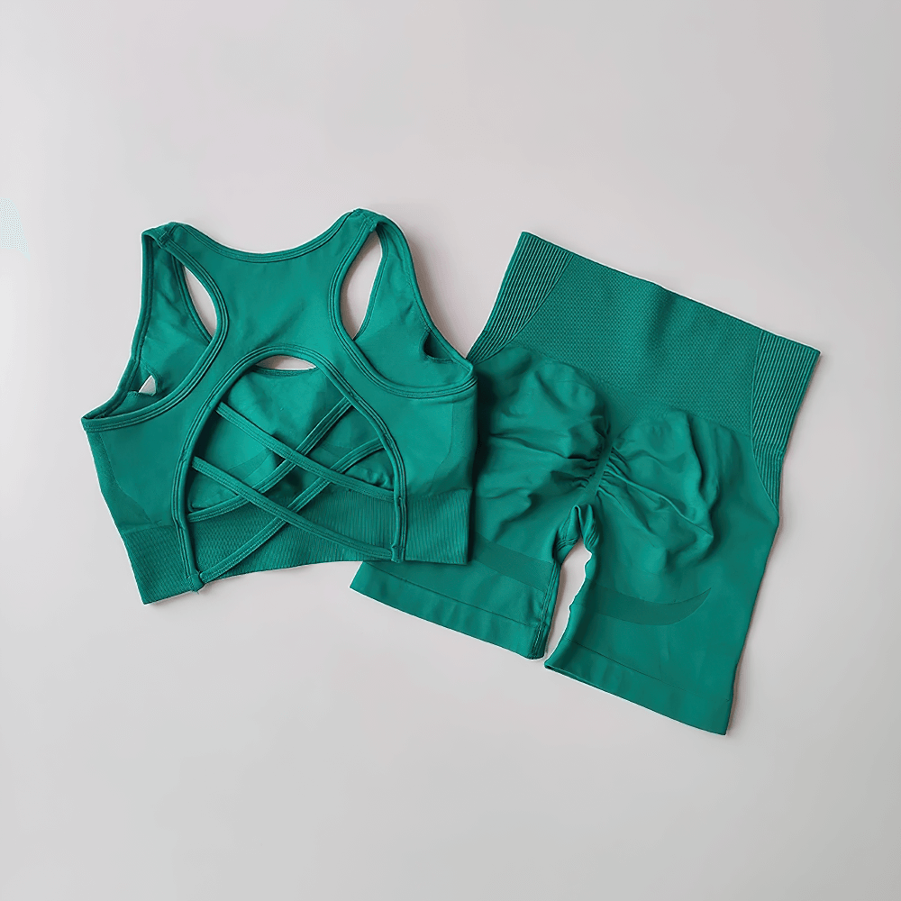 Seamless 2-Piece Yoga Set of Sports Bra and Shorts - SF4370 green crisscross back sports bra and high waist shorts