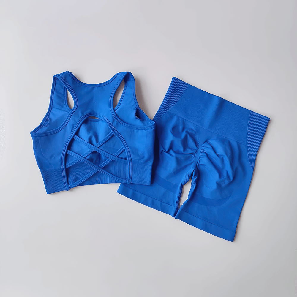 Alt Tag: Seamless 2-Piece Yoga Set of Sports Bra and Shorts - SF4370 blue crisscross back sports bra with high-waist seamless shorts