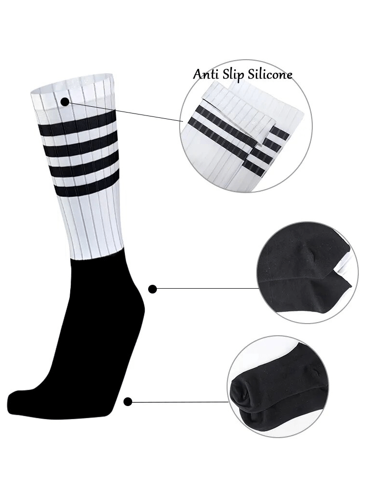Seamless knee-high socks with anti-slip strips, ideal for cycling. Unisex, black and white design for superior performance and comfort.