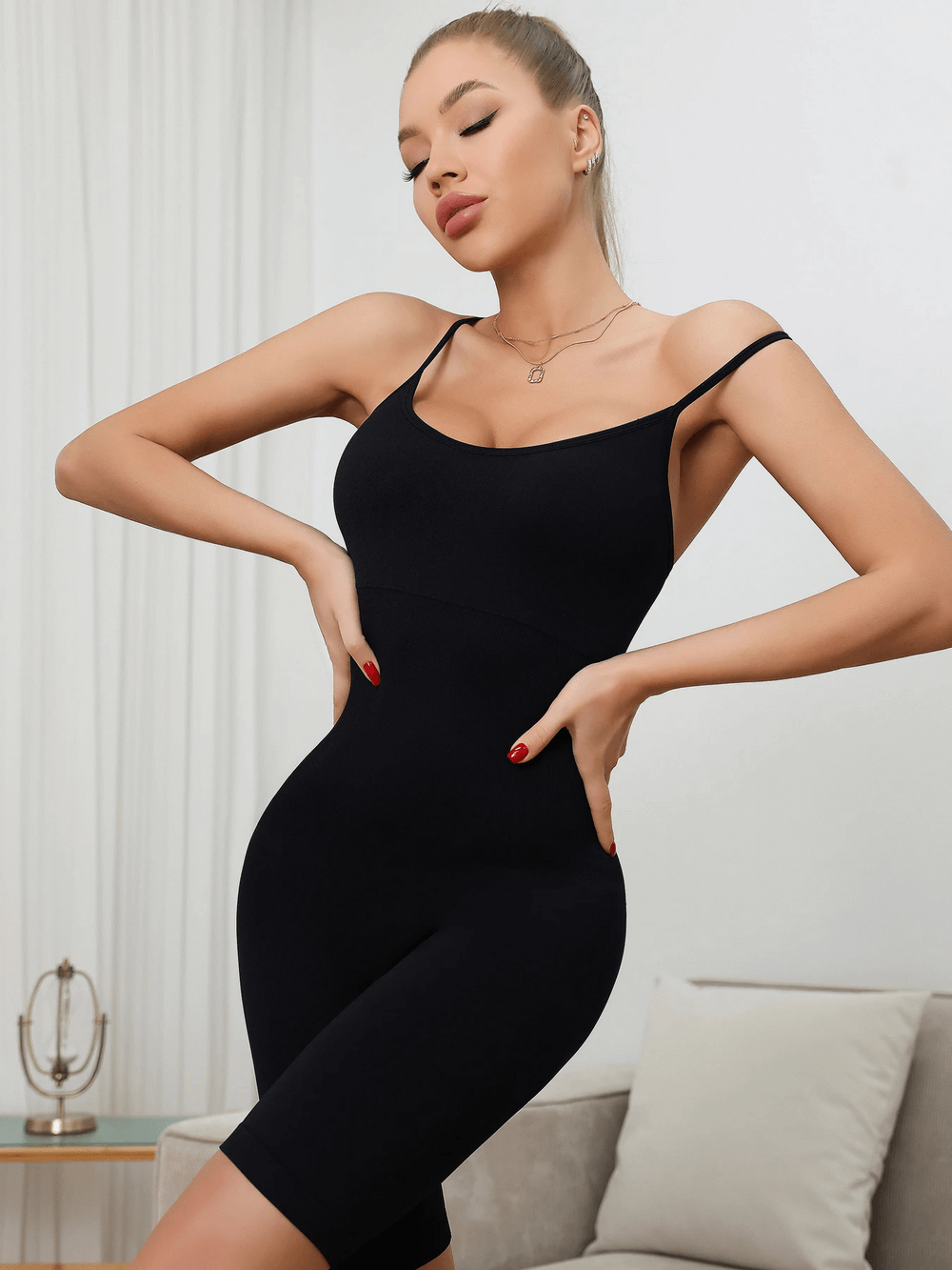 Seamless Criss Cross Open Back Workout Romper - SF4262 in black, perfect for yoga or gym, featuring scrunch butt and tummy control support.