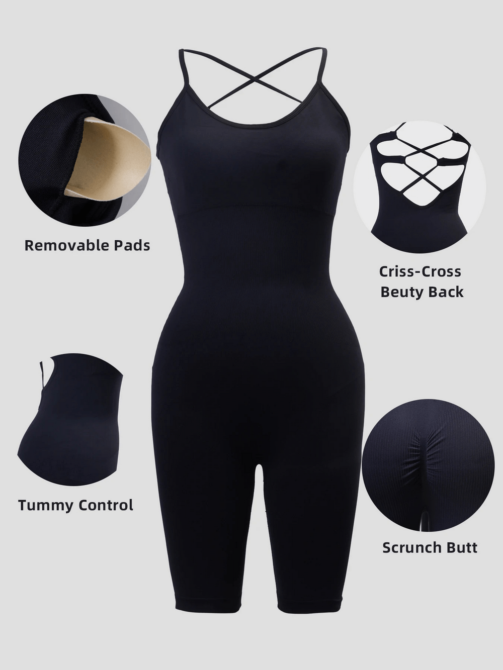 Seamless Criss Cross Open Back Workout Romper - SF4262 with removable pads, scrunch butt, tummy control, and criss-cross beauty back.