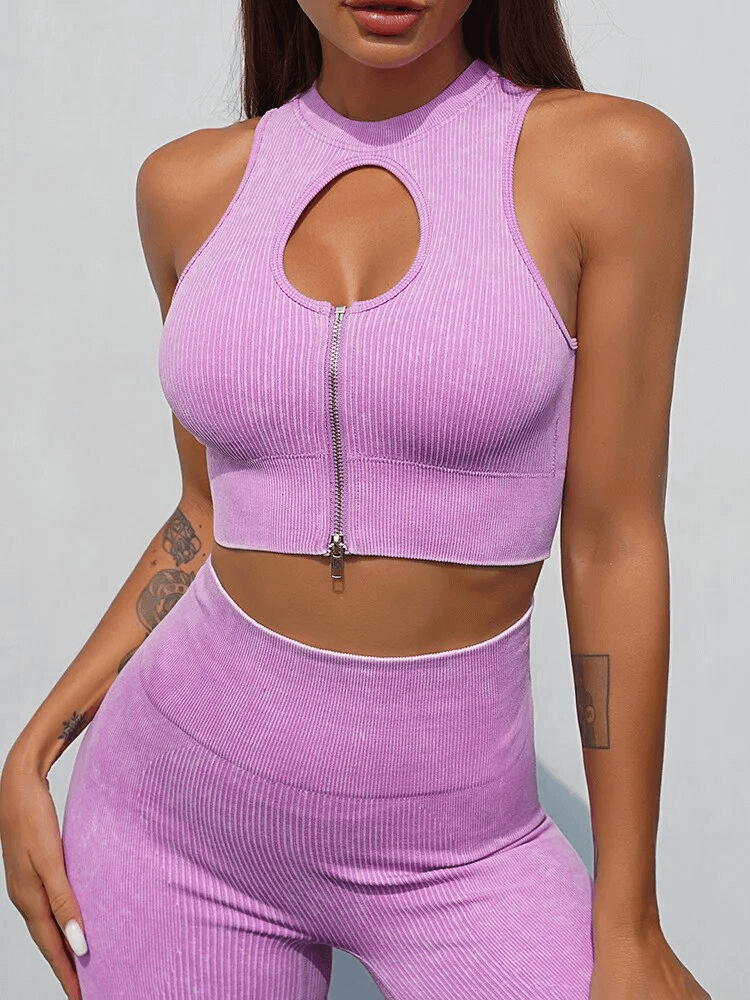 Seamless Frosted Yoga Set SF1732 in purple with zipper crop top, breathable nylon-spandex blend. Stylish and eco-friendly activewear.