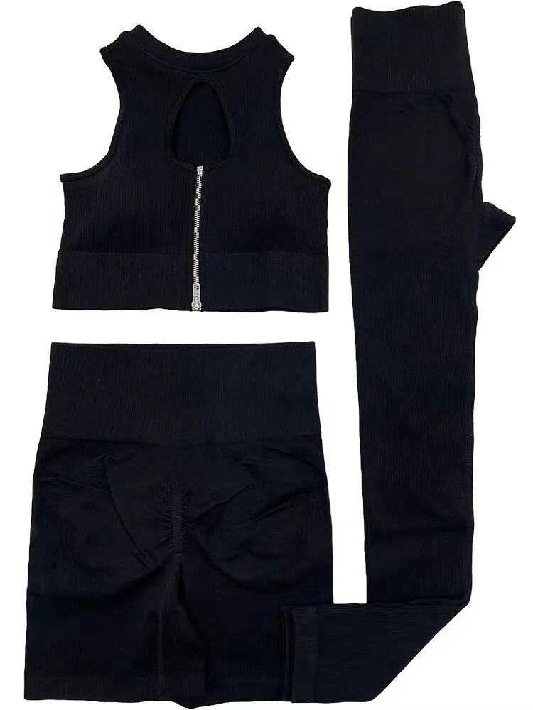 Seamless yoga set with zipper crop top, eco-friendly nylon spandex, black, stylish activewear, women's workout clothing.