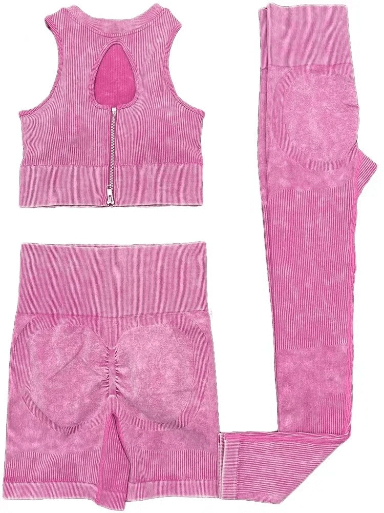 Seamless Frosted Yoga Set SF1732 with pink zipper crop top and leggings for women. Stylish, eco-friendly activewear.