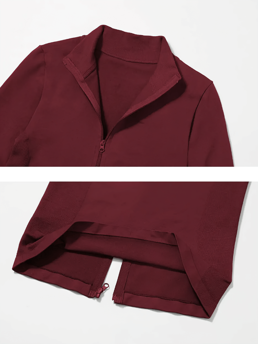 Close-up of burgundy zip-up long sleeve activewear top with stylish collar and sleek design for a chic workout look.